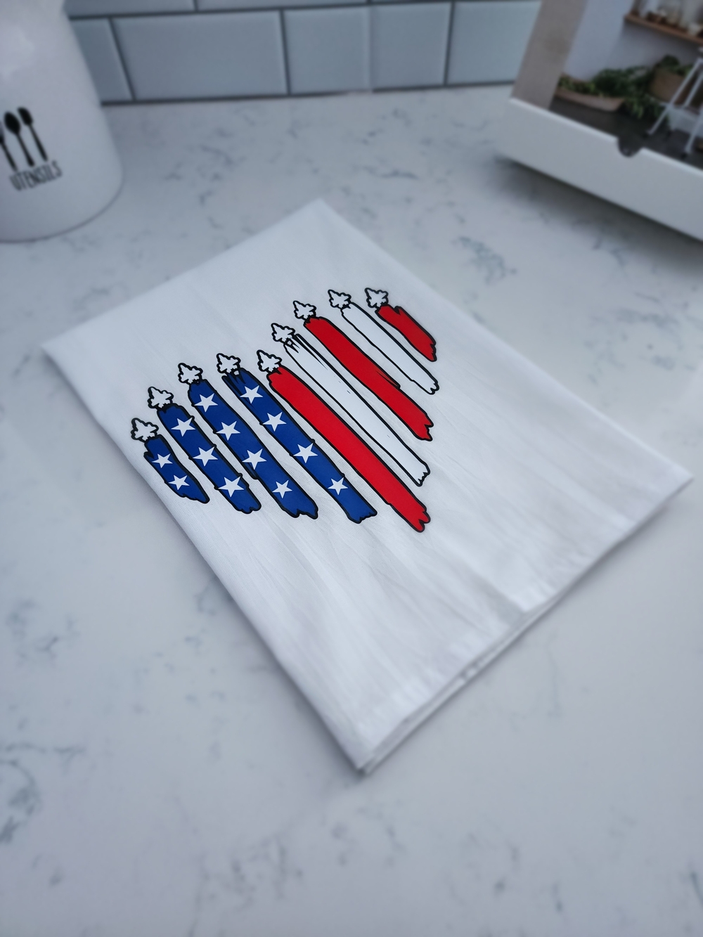 Patriotic American Flag Kitchen Towel - White with Red & Blue